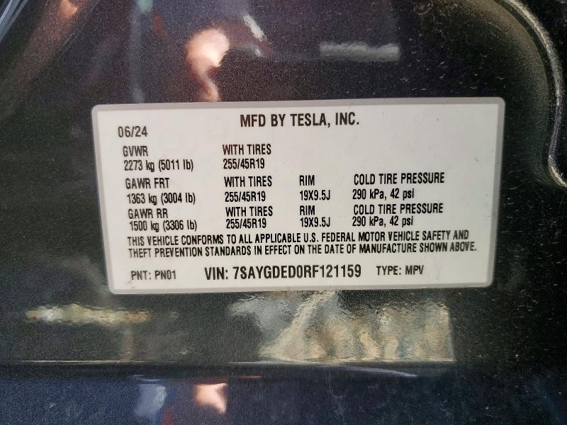 2024 Tesla Model Y მანქანა იყიდება აუქციონზე, vin: 7SAYGDED0RF121159, აუქციონის ნომერი: 73942855