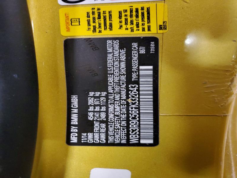 2015 Bmw M4 მანქანა იყიდება აუქციონზე, vin: WBS3R9C56FK332643, აუქციონის ნომერი: 99315385