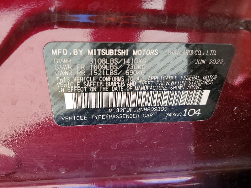 Aukcja sprzedaży 2022 Mitsubishi Mirage, vin: ML32FUFJ2NHF09309, numer aukcji: 76752185