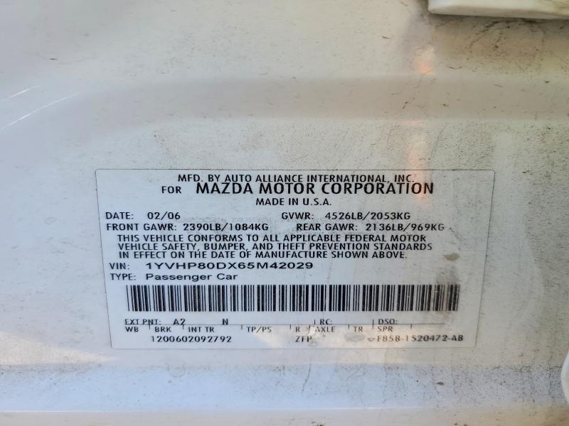 Aukcja sprzedaży 2006 Mazda 6, vin: 1YVHP80DX65M42029, numer aukcji: 75842505