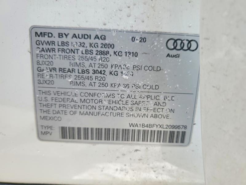 2020 Audi Sq5 მანქანა იყიდება აუქციონზე, vin: WA1B4BFYXL2099578, აუქციონის ნომერი: 75980175