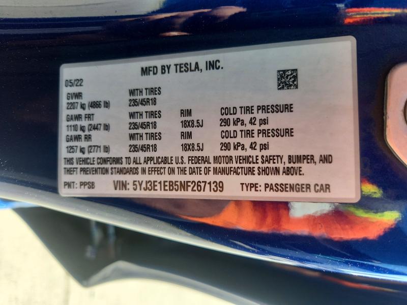 78668985 :رقم المزاد ، 5YJ3E1EB5NF267139 vin ، 2022 Tesla Model 3 مزاد بيع