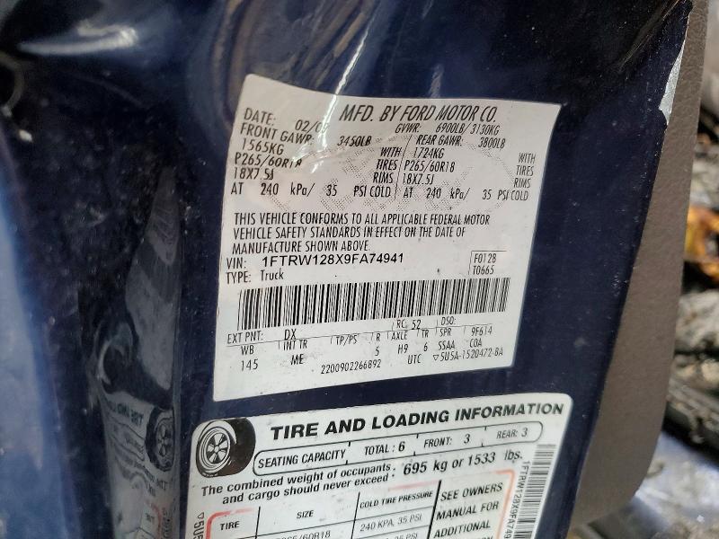 77736525 :رقم المزاد ، 1FTRW128X9FA74941 vin ، 2009 Ford F150 مزاد بيع