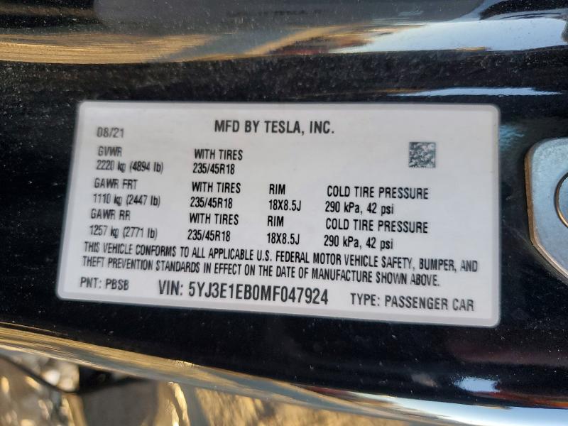2021 Tesla Model 3 მანქანა იყიდება აუქციონზე, vin: 5YJ3E1EB0MF047924, აუქციონის ნომერი: 76268725