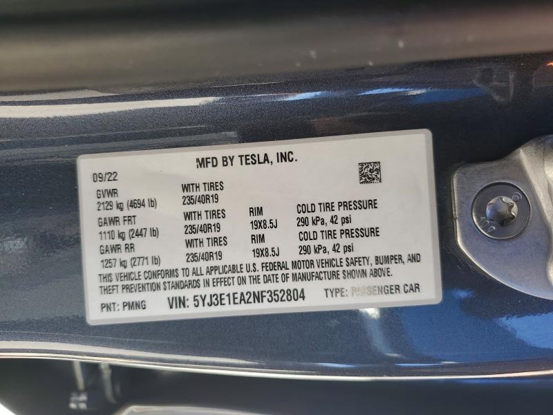 75872825 :رقم المزاد ، 5YJ3E1EA2NF352804 vin ، 2022 Tesla Model 3 مزاد بيع