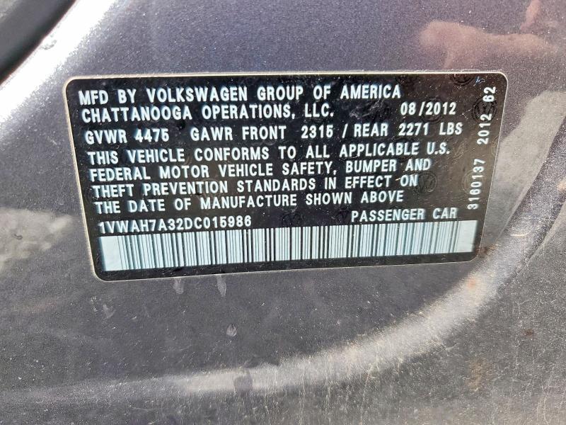 2013 Volkswagen Passat მანქანა იყიდება აუქციონზე, vin: 1VWAH7A32DC015986, აუქციონის ნომერი: 79218225