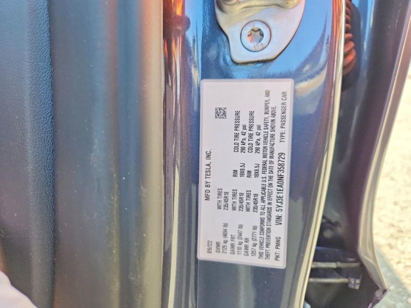 Aukcja sprzedaży 2022 Tesla Model 3, vin: 5YJ3E1EA0NF358729, numer aukcji: 78995635