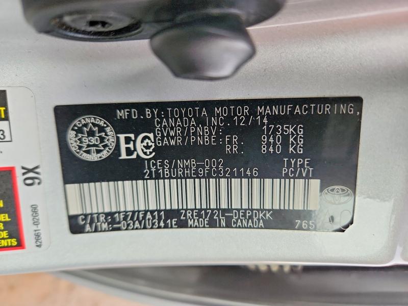 2015 Toyota Corolla მანქანა იყიდება აუქციონზე, vin: 2T1BURHE9FC321146, აუქციონის ნომერი: 76060615