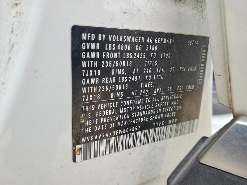 2015 Volkswagen Tiguan მანქანა იყიდება აუქციონზე, vin: WVGAV7AX3FW507857, აუქციონის ნომერი: 76195945