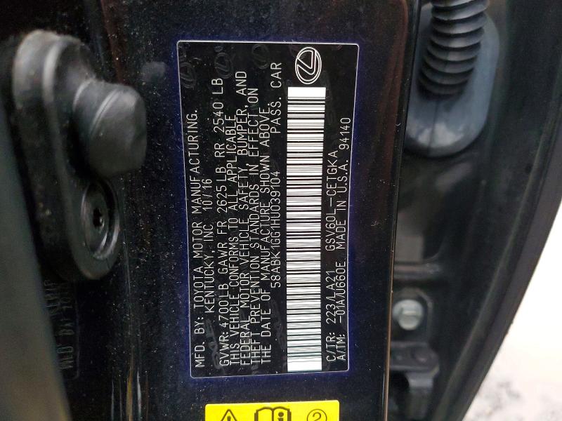 Aukcja sprzedaży 2017 Lexus Es, vin: 58ABK1GG1HU039104, numer aukcji: 78264035