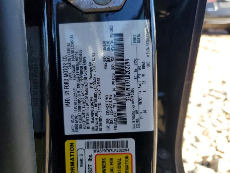 2020 Ford Fusion მანქანა იყიდება აუქციონზე, vin: 3FA6P0T97LR202294, აუქციონის ნომერი: 77976975