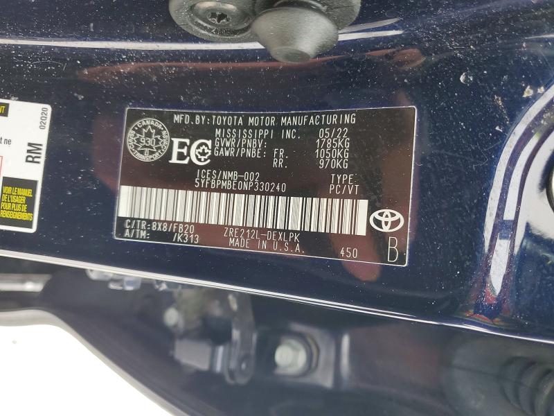 Aukcja sprzedaży 2022 Toyota Corolla, vin: 5YFBPMBE0NP330240, numer aukcji: 75907795