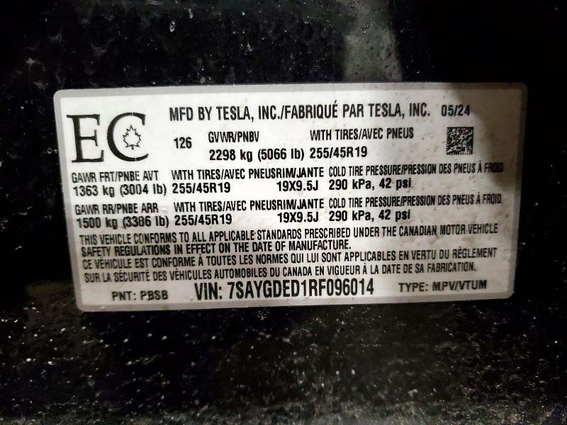 77228665 :رقم المزاد ، 7SAYGDED1RF096014 vin ، 2024 Tesla Model Y مزاد بيع