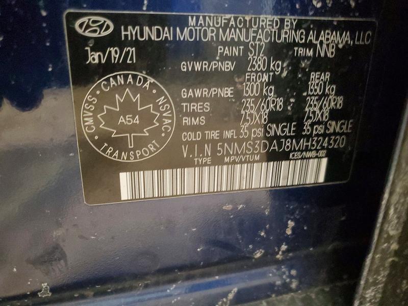 Aukcja sprzedaży 2021 Hyundai Santa Fe, vin: 5NMS3DAJ8MH324320, numer aukcji: 78063855