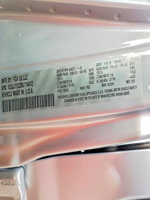 78252355 :رقم المزاد ، 1C6JJTEG2NL114412 vin ، 2022 Jeep Gladiator مزاد بيع
