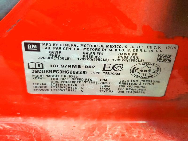 Aukcja sprzedaży 2017 Chevrolet Silverado, vin: 3GCUKNEC0HG209595, numer aukcji: 78952835