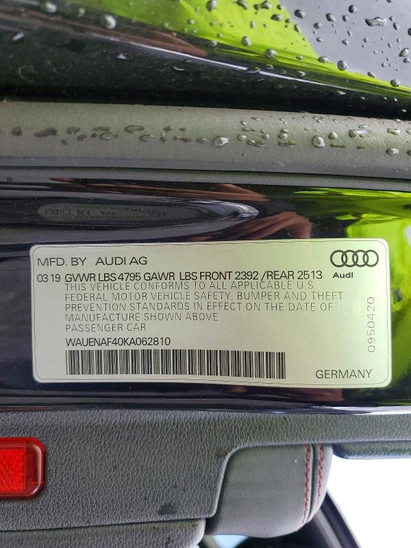 2019 Audi A4 მანქანა იყიდება აუქციონზე, vin: WAUENAF40KA062810, აუქციონის ნომერი: 78172285