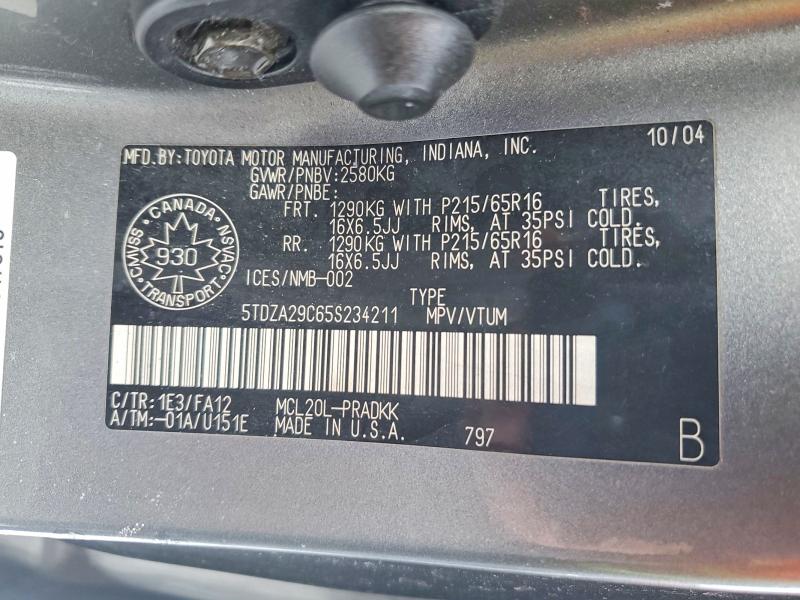 Продаж на аукціоні авто 2005 Toyota Sienna, vin: 5TDZA29C65S234211, номер лоту: 74998275