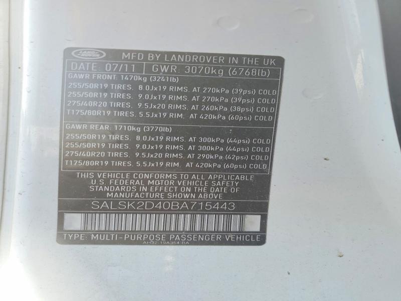 Aukcja sprzedaży 2011 Land Rover Range Rover Sport, vin: SALSK2D40BA715443, numer aukcji: 77722145