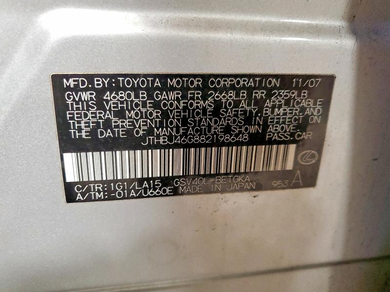 2008 Lexus Es მანქანა იყიდება აუქციონზე, vin: JTHBJ46G882198648, აუქციონის ნომერი: 76556885