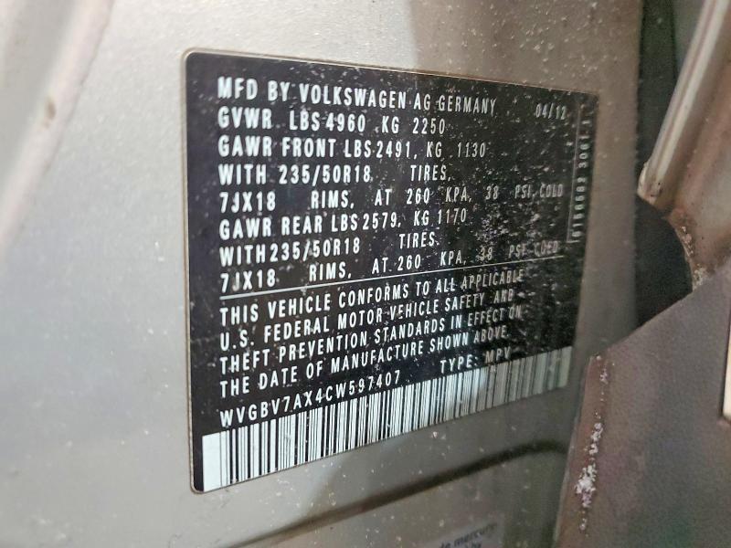 2012 Volkswagen Tiguan მანქანა იყიდება აუქციონზე, vin: WVGBV7AX4CW597407, აუქციონის ნომერი: 79079585