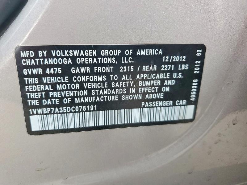 Продаж на аукціоні авто 2013 Volkswagen Passat, vin: 1VWBP7A35DC076191, номер лоту: 78056655