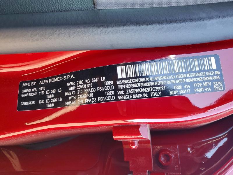 2019 Alfa Romeo Stelvio მანქანა იყიდება აუქციონზე, vin: ZASPAKAN2K7C39021, აუქციონის ნომერი: 76960235