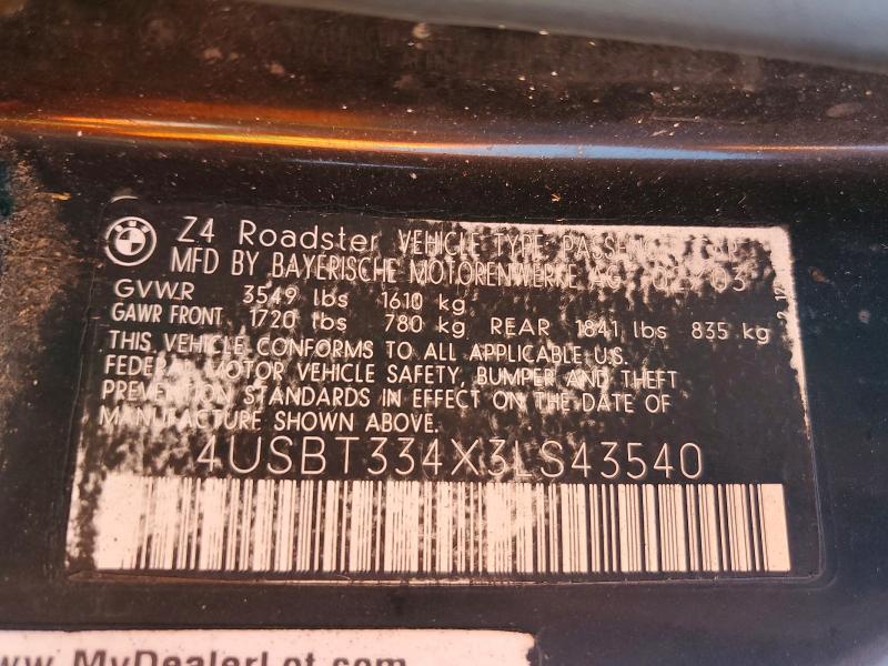 76142235 :رقم المزاد ، 4USBT334X3LS43540 vin ، 2003 Bmw Z4 2.5 مزاد بيع