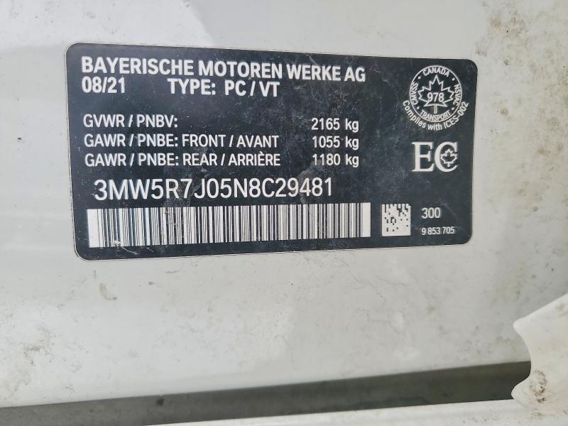 78623825 :رقم المزاد ، 3MW5R7J05N8C29481 vin ، 2022 Bmw Motorrad 330xi مزاد بيع