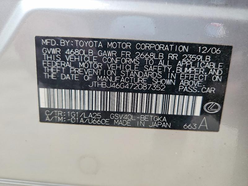 Auction sale of the 2007 Lexus Es, vin: JTHBJ46G472087352, lot number: 77430105
