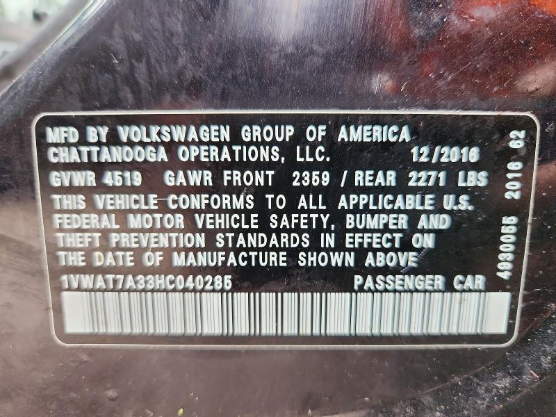 78891605 :رقم المزاد ، 1VWAT7A33HC040285 vin ، 2017 Volkswagen Passat مزاد بيع