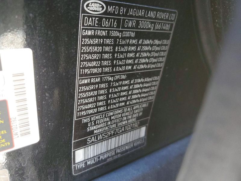 77474305 :رقم المزاد ، SALWS2PF7GA102192 vin ، 2016 Land Rover Range Rover Sport مزاد بيع