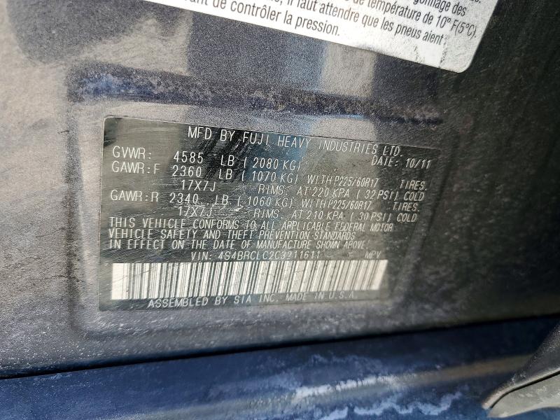 77206945 :رقم المزاد ، 4S4BRCLC2C3211611 vin ، 2012 Subaru Outback مزاد بيع