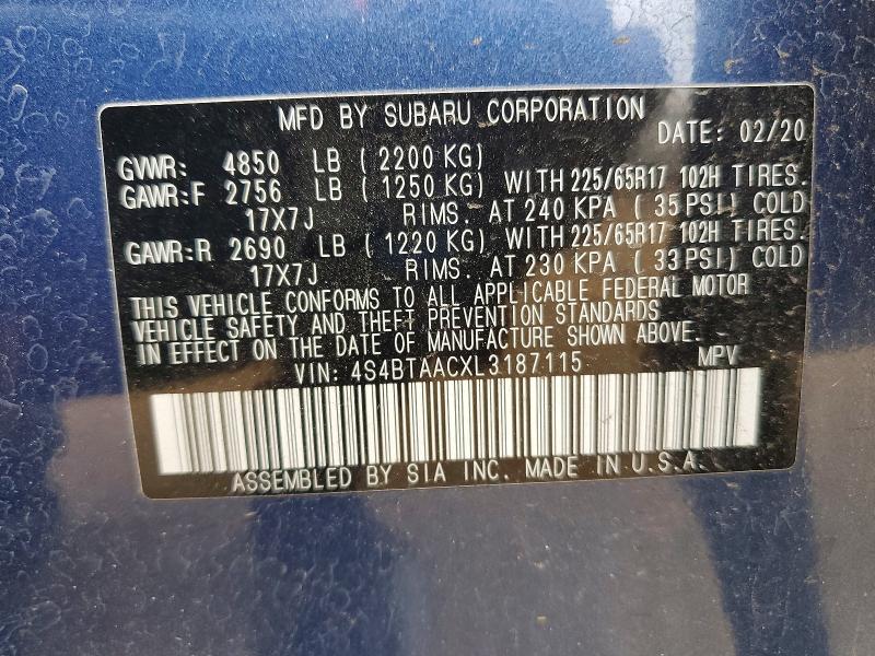 Продаж на аукціоні авто 2020 Subaru Outback, vin: 4S4BTAACXL3187115, номер лоту: 74475125