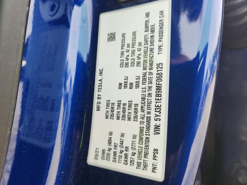 Продажа на аукционе авто 2021 Tesla Model 3, vin: 5YJ3E1EB9MF068125, номер лота: 78454425