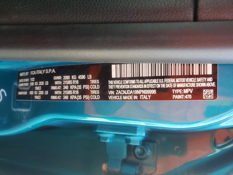 2022 Jeep Renegade მანქანა იყიდება აუქციონზე, vin: ZACNJDA19NPN99996, აუქციონის ნომერი: 78824435