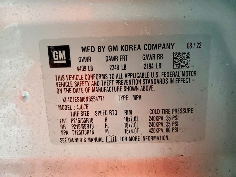 2022 Buick Encore მანქანა იყიდება აუქციონზე, vin: KL4CJESM6NB554771, აუქციონის ნომერი: 73890975