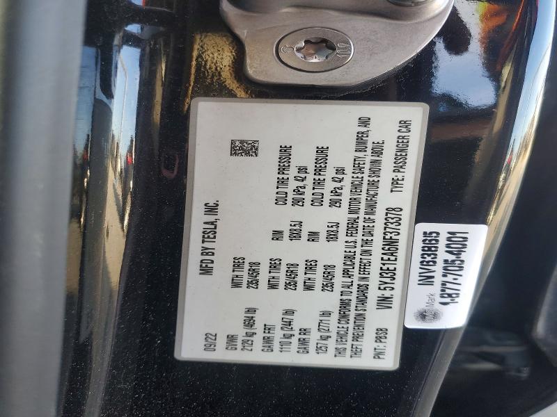 76372765 :رقم المزاد ، 5YJ3E1EA6NF373378 vin ، 2022 Tesla Model 3 مزاد بيع