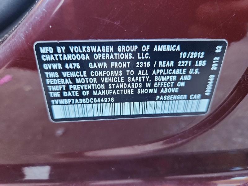 2013 Volkswagen Passat მანქანა იყიდება აუქციონზე, vin: 1VWBP7A36DC044978, აუქციონის ნომერი: 77151825