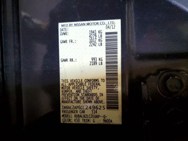 2012 Nissan Altima მანქანა იყიდება აუქციონზე, vin: 1N4AL2AP6CC249625, აუქციონის ნომერი: 77796205