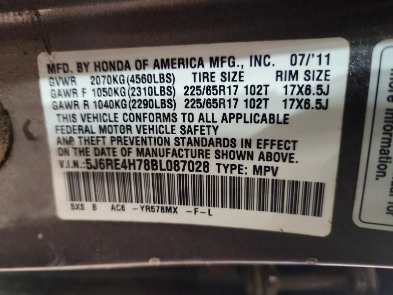 Продажа на аукционе авто 2011 Honda Cr-v Exl, vin: 5J6RE4H78BL087028, номер лота: 76845355