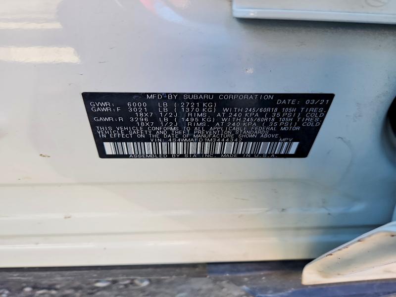 2021 Subaru Ascent მანქანა იყიდება აუქციონზე, vin: 4S4WMAFD1M3444342, აუქციონის ნომერი: 79050755
