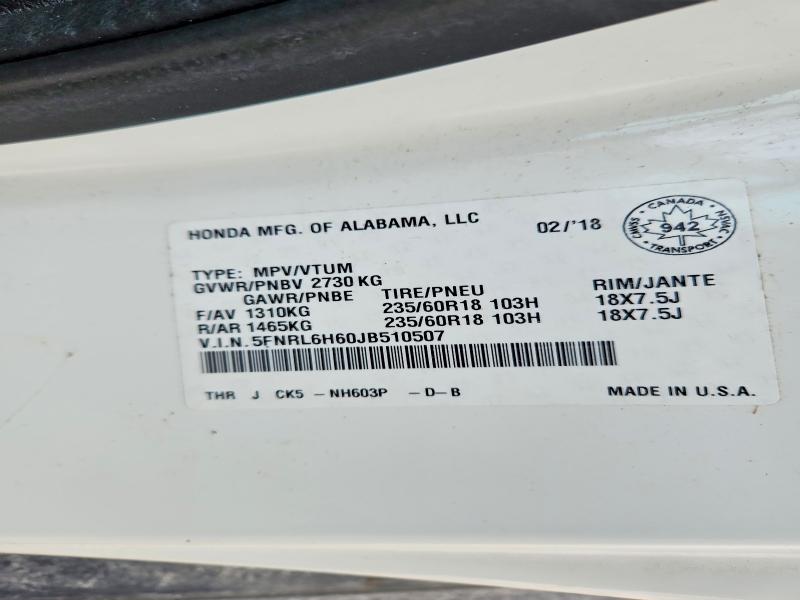 2018 Honda Odyssey მანქანა იყიდება აუქციონზე, vin: 5FNRL6H60JB510507, აუქციონის ნომერი: 75847545