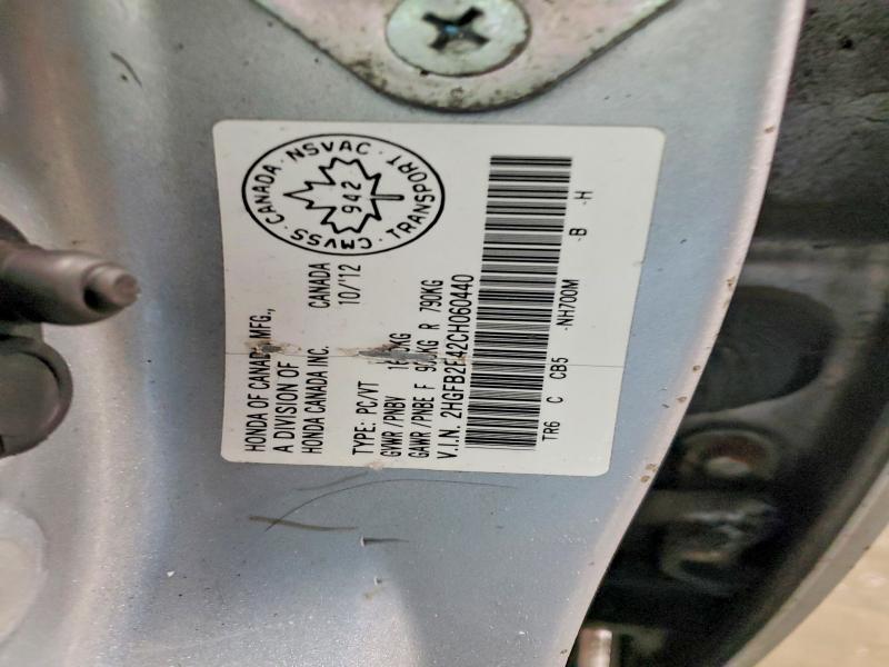 77700465 :رقم المزاد ، 2HGFB2F42CH060440 vin ، 2012 Honda Civic مزاد بيع