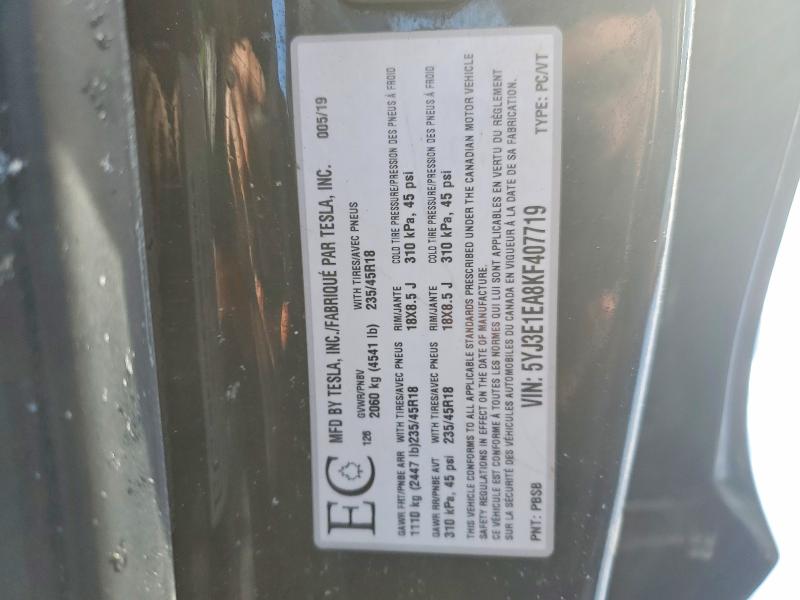 77778295 :رقم المزاد ، 5YJ3E1EA8KF407719 vin ، 2019 Tesla Model 3 مزاد بيع