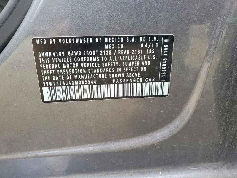 76954615 :رقم المزاد ، 3VW267AJ4GM362344 vin ، 2016 Volkswagen Jetta مزاد بيع