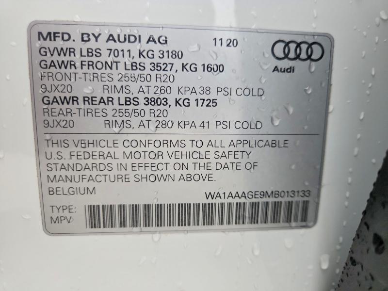 2021 Audi E-tron მანქანა იყიდება აუქციონზე, vin: WA1AAAGE9MB013133, აუქციონის ნომერი: 76451055