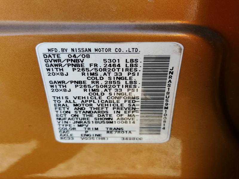 Aukcja sprzedaży 2009 Infiniti Fx35, vin: JNRAS18U59M100614, numer aukcji: 77738005