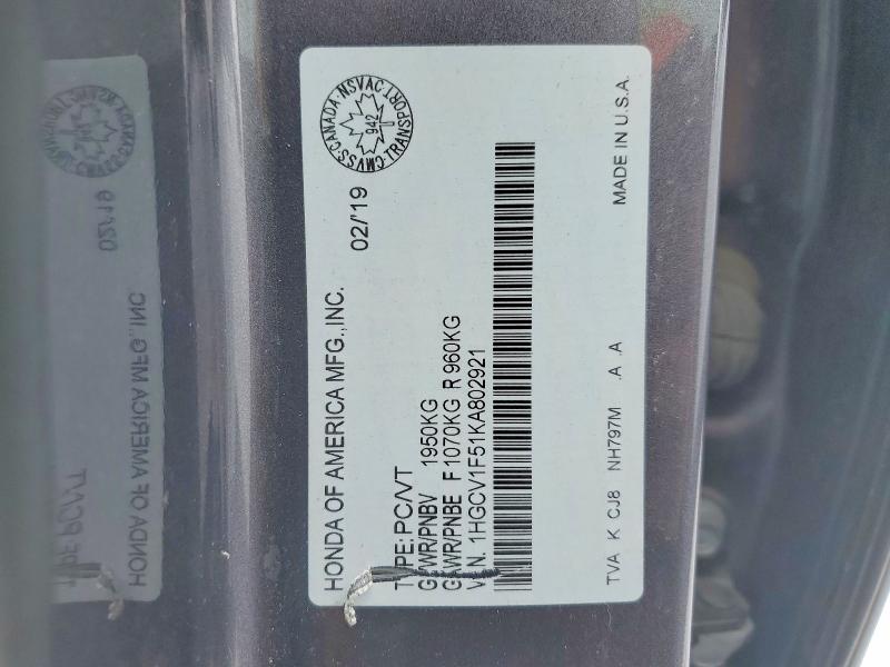 Auction sale of the 2019 Honda Accord, vin: 1HGCV1F51KA802921, lot number: 76899845