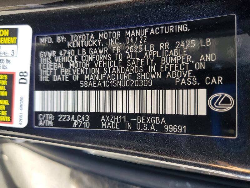 Продажа на аукционе авто 2022 Lexus Es, vin: 58AEA1C15NU020309, номер лота: 75836885